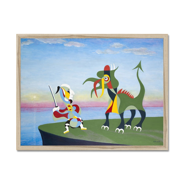 A warrior and a dragon duel at dawn Framed Print