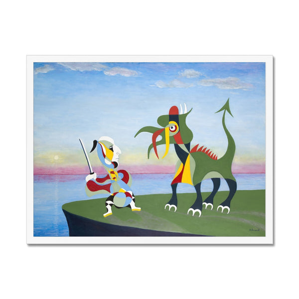 A warrior and a dragon duel at dawn Framed Print