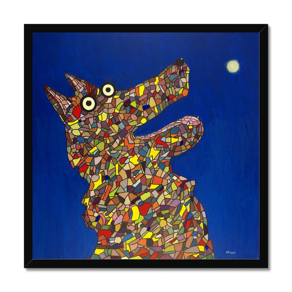Dog barking at the moon Framed Print